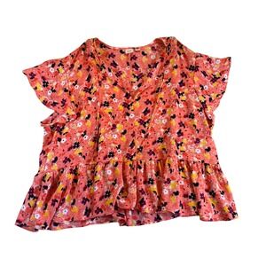 GAP‎ Womens XL Coral Pink Floral Peplum Blouse Short Sleeve Tie Neck Top